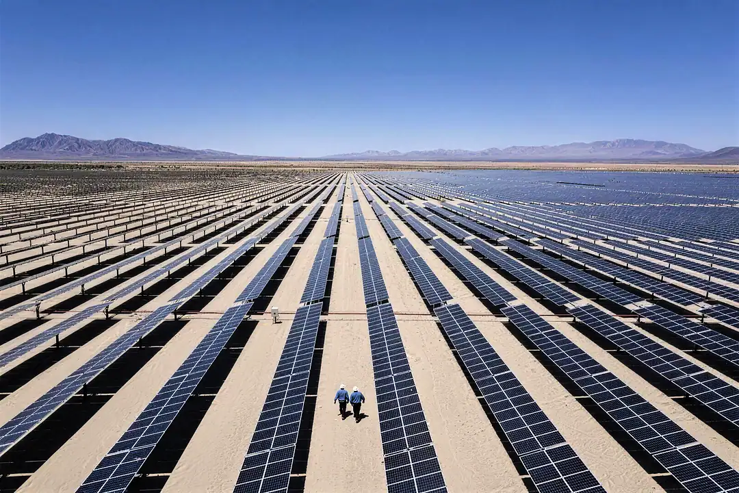 A large photovoltaic plant from the air, two technicians in hard hats walking between the rows of panels