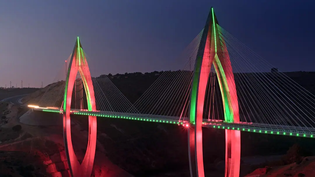 A cable-stayed motorway bridge at night, its two arched pylons lit in red and green